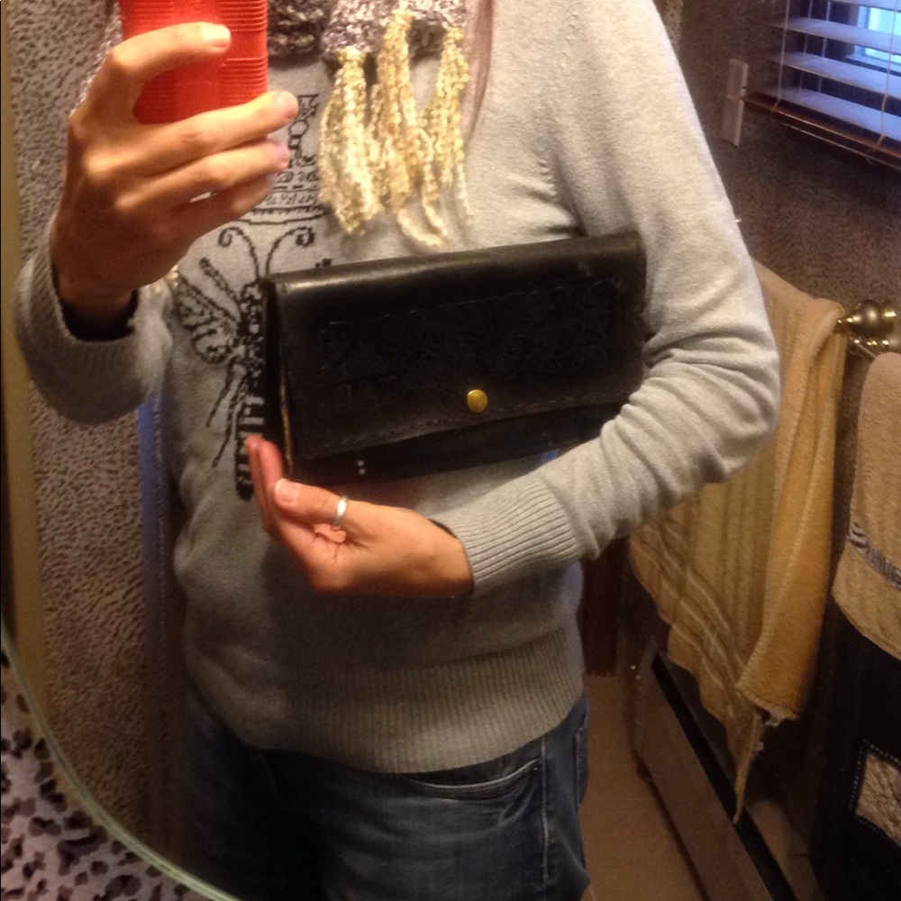 Tooled Leather Clutch Purse Bag Black Handmade - Picture 7 of 7